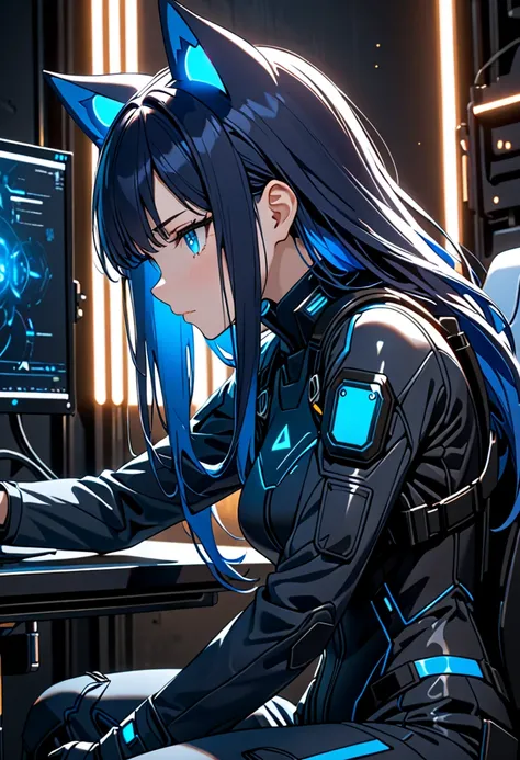 8K Ultra High-Quality, ultra-detailed, High quality, dark blue hair, Blue inner layer hair, glowing blue eyes, long hair, Cat ears, Black Tactical clothes, solderless suit, putting on clothes, sitting on chair, close up, side view, looking away from viewer