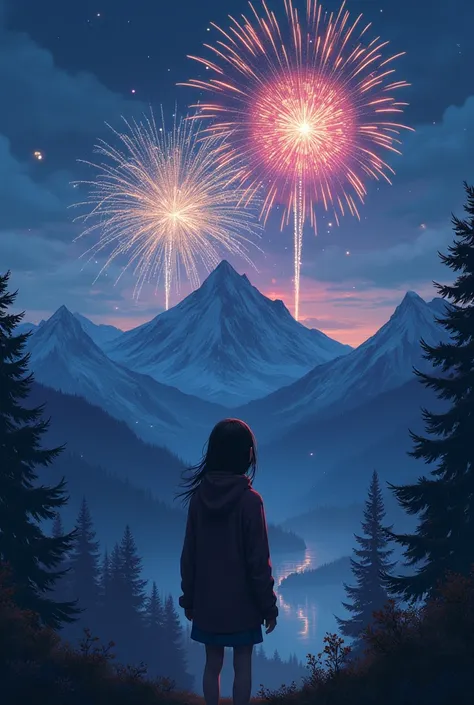 At night in the middle of the mountains ,  with a girl watching fireworks and the numbers 2025 in the sky as a watermark 