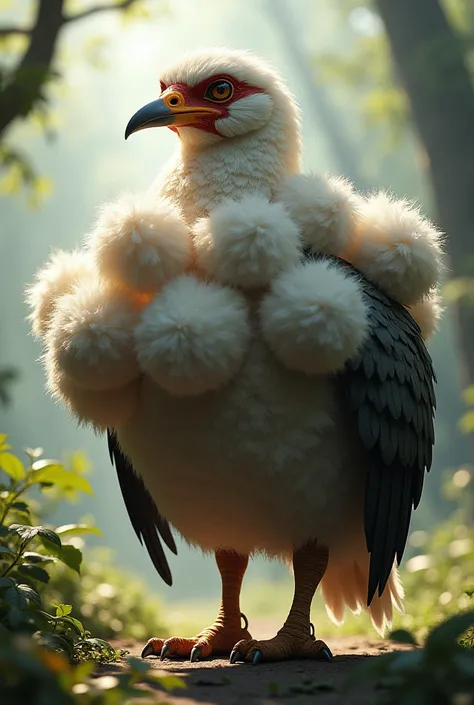 A bird with big, furry balls hanging down