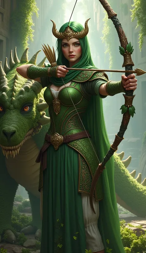 A female archer wears green armor with leaf-shaped carvings and natural motifs, complemented by a rose-shaped crown and small horns. She wears a green headscarf which symbolizes harmony with nature. The woman is pulling a bow with an arrow, showing focus a...