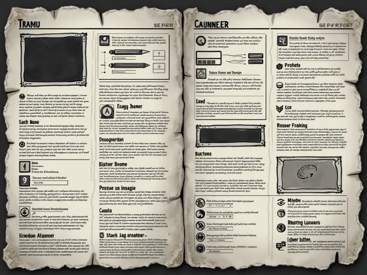 Unique GUI Paper,  for game asset, genre survival, base building, story rich, like frostpunk, black and white, gritty, grunge, ink, rough