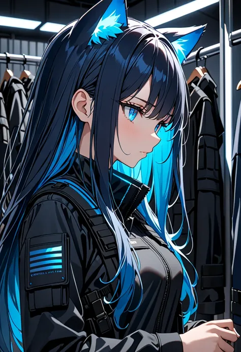 8K Ultra High-Quality, ultra-detailed, High quality, dark blue hair, Blue inner layer hair, glowing blue eyes, long hair, Cat ears, Black Tactical clothes, putting on clothes, standing, close up, side view, looking away from viewer