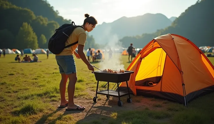 "Create a hyper-realistic half-body image of a person wearing a short-sleeve shirt, shorts, and flip-flops, sitting and grilling food in front of their tent. The background features the scenic landscape of Thap Lan National Park in Thailand, with an open f...