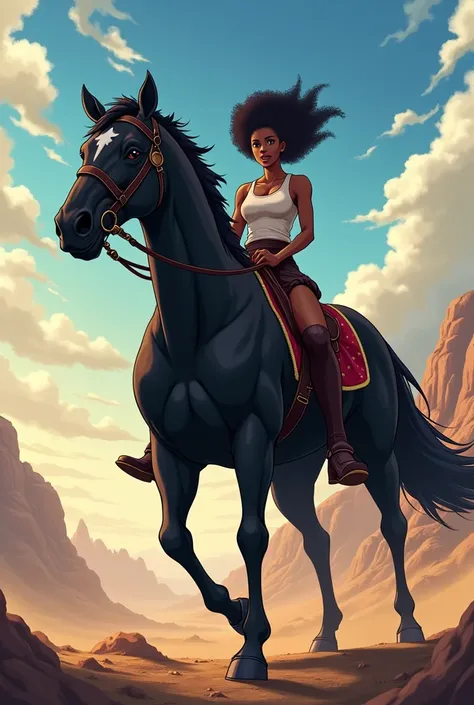 An anime depicting a strong black woman riding a big dark horse