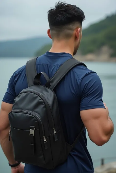 ((Korean man wearing navy sports shirt, short sleeves, wet water, wet sweat)) , (((Big arm muscles,  tight breasts ,  muscle bundle , ))), (((Black backpack next to it))), (((Men with short hair))), (((, big muscles, big torso))), (((Seductive fit body )))...