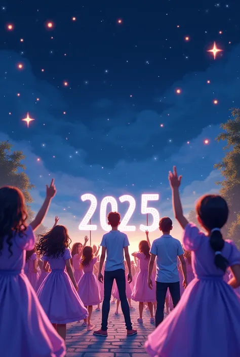 Girls with purple dresses boys with light blue shirts and black trousers celebrating 2025 new year, dark blue sky with stars