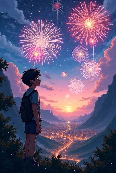 Adventurer in an anime Isecai watching fireworks 