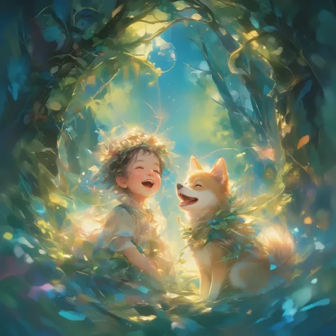 {An American baby and a Shiba Inu puppy} are laughing, Watercolor Wash, gradation, Metallic Finish, Dreamlike, An enchanted forest glowing with bioluminescent plants, soft moonlight filtering through ancient trees, and mystical fog weaving through the air....