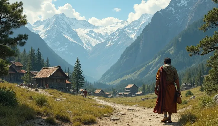 A small, distant village with rustic houses, surrounded by dense forests and mountains in the background. A messenger in simple, weathered clothing is handing a letter to King Vikramaditya.