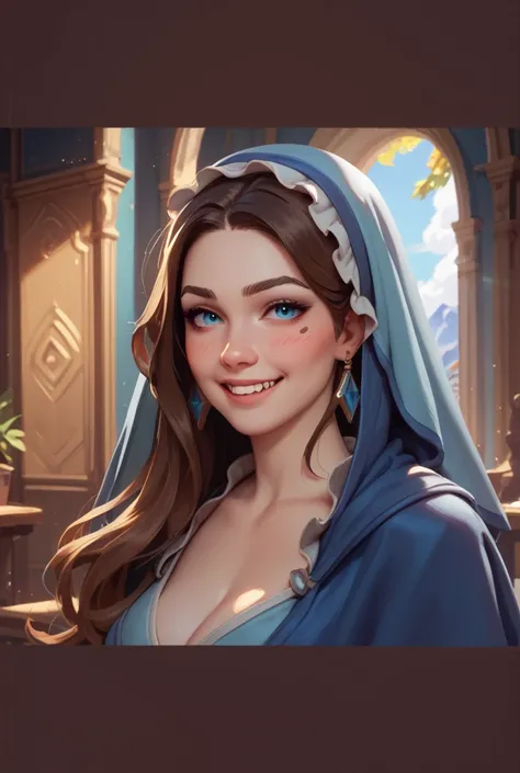 This girl, d&d girl with long brown hair and blue eyes. She is a paladin who wears a veil that covers her ears. Shes full of love and is an extreme optimist. Very pretty. 19 years old. She’s smiling and has faint blush on her cheeks. 