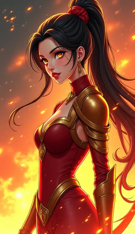  A girl and the swallow 
Long hair tied in a tail 
Brilliant golden eyes 
Brilliant but sexy armor 
Goddess body 
jewelry 
Sonrisa 
Make-up 
That in one hand it produces fire 
And the other one that carries a beautiful sword 
Behind her she finds a reddish...