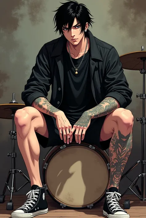 Draw me a 2D anime image of an ugly man, weighing 70 kg, wearing a black detailed t-shirt, detailed black long sleeve Levis jacket, shorts, black t-shirt WHY? Full Right Leg Detail Mori Tattoo Complete Standing Hand Detail Without Tattoo. Black Front Bangs...