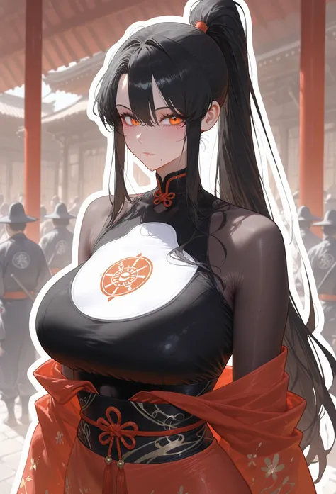 ((black hair), long hair, ponytail), (orange eyes, perfect eyes),
red oriental kimono, (breast bodystocking)
((black sheer bust panel:1.3), bust transparency only), 
standing in an eastern village, samurai in the background, people with oriental looks in t...