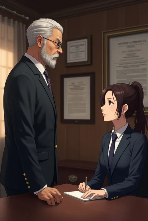 Gojo Sato, a lawyer, is talking to a young woman with the same ponytail and suit, who is smaller than Gojo.