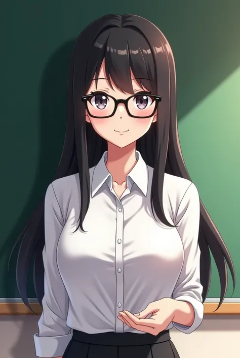  anime-style woman with a slight smile and long black hair、Woman wearing black-rimmed glasses and white shirt 、whole body、Facing the front and pointing at the blackboard、Looks smart