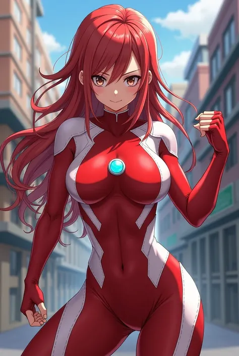 My Hero Academia Style , Anime girl, female, young female ,Full Body Shot,(fighting Pose:1.3),Long hair, Red Hair,  Brown Eyes,Hero Suit, Full Body Suit, red suit with white details,small round blue jewel in the center of the chest, perfect anatomy,  Tough...