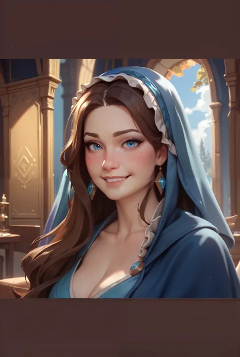 This girl, d&d girl with long brown hair and blue eyes. She is a paladin who wears a veil that covers her ears. Shes full of love and is an extreme optimist. Very pretty. 19 years old. She’s smiling and has faint blush on her cheeks. 