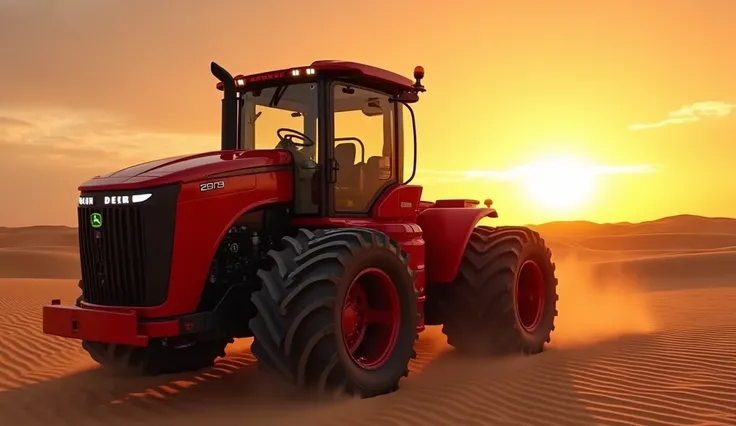 "A sleek left-side view of the 2025 John Deere XTR 5000 tractor in shiny red, displaying its aerodynamic contours, advanced cabin, and rugged tires. The Shuram-inspired backdrop of expansive desert sands under a radiant sunset adds a sense of adventure and...