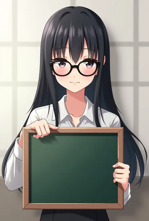  anime-style woman with a slight smile and long black hair、Woman wearing black-rimmed glasses and white shirt 、whole body、Facing the front and holding the blackboard with your index finger、Looks smart