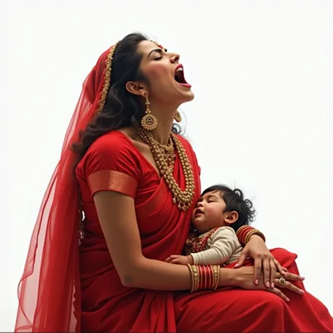 A Hindu woman is sitting with her head raised and screaming, a small  is sleeping on her lap, the wedding colour of the woman is red, the photo background should be white