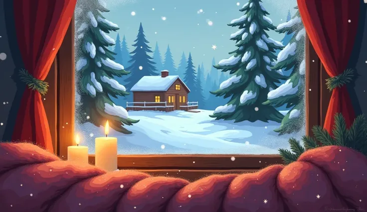 A cozy winter blanket scene seen through a frosted window, with a snowy scene outside featuring pine trees and a cabin in the distance. The foreground shows the windowsill with burning candles, creating a warm and inviting atmosphere, vintage cartoon style