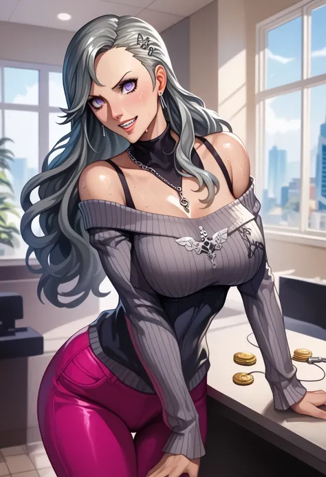 score_9, score_8_up, score_7_up, score_6_up, milf, {{Ultra-Gigantic breasts}}, wide hips, curvy, straight hair,, pants, indoors, standing, looking at viewer, smile, 1 girl, alone, Shortcuts, , Niijima Sae (Persona 5)、Big Breasts, Mature Woman, glare,Sharp ...