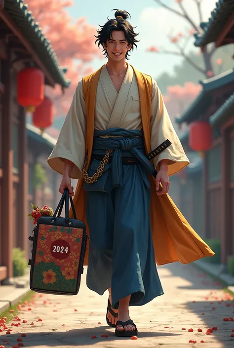 Make a black-haired samurai ,  smiling, He is walking and in his hand clutching a full colored bag tied at the top,  He has the number 2024 , 