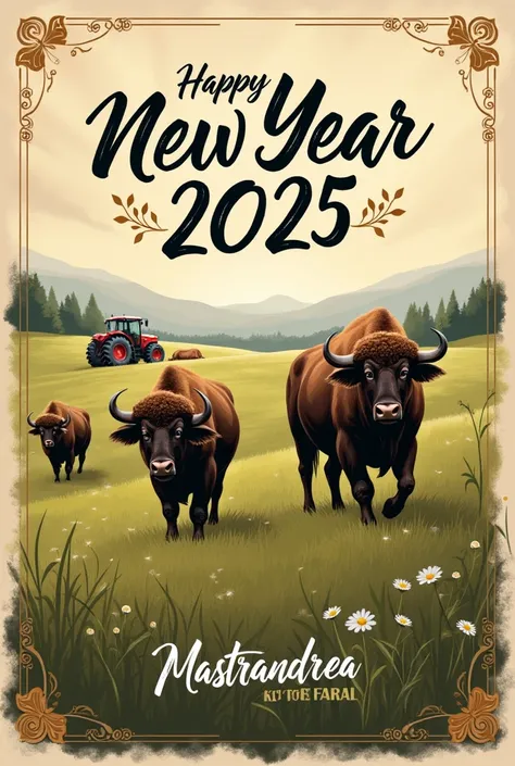 Auguri di buon anno 2025 con scritta, and Mastrandrea .Farm,  logo in the background buffaloes and tractors 