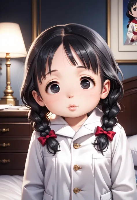 (1girl:1.3), Masterpiece, Best quality, amazing beauty, 4K, absurdres, finely detail, super detailed eye, perfect anatomy, official art, cinematic lighting, BREAK, ((((Bright bedroom)))), Twin braids (shorter), (black hair:1.5), ((super shiny detailed blac...