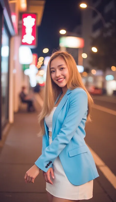 20 year old Japanese woman smiling hairstyle Long hair with gold color wearing sky color fashion dress, white skirt posing on the roadside on New Years Eve 2025 