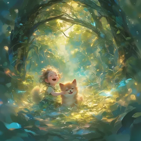 {An American baby and a Shiba Inu puppy} are laughing, Watercolor Wash, gradation, Metallic Finish, Dreamlike, An enchanted forest glowing with bioluminescent plants, soft moonlight filtering through ancient trees, and mystical fog weaving through the air....