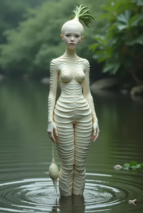 White radish adult girl, standing in river, without human dress, perfect human body,radish texture 