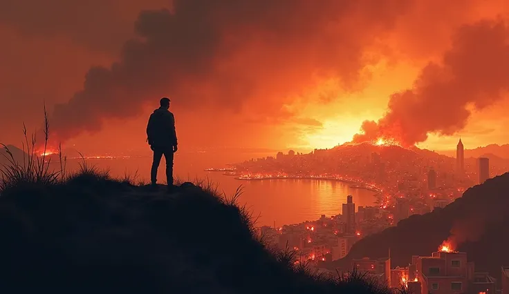 City of Cabo Frio, in the state of Rio de Janeiro, Brazil, seen from the top of Morro da Guia, in front of the city of Cabo Frio in flames, and destroyed buildings, with only one person with his back on the hill looking at the city in destruction and flame...