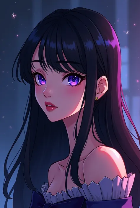 Générez-moi limage de la fille dun duc qui a la vingtaine comme dans les Webtoons, elle a les cheveux noirs et des yeux violet comme la lun étoilé