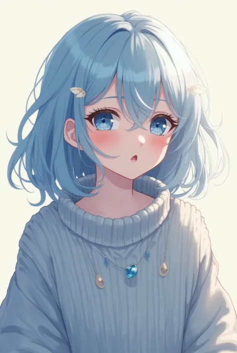 Illustration of light blue hair, dark blue eyes, wearing a knit