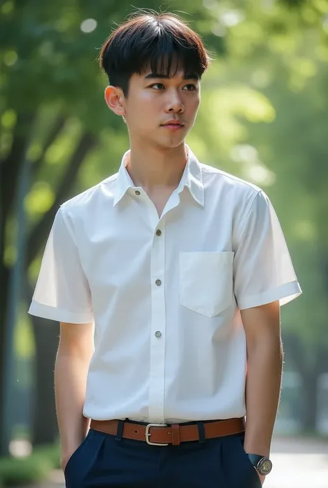  natural light  , 17-Year-Old Korean Guy  ,  wearing a short-sleeved white shirt with a right pocket, Neat Buttoned , Dark blue shorts,  brown belt ,  Thailand Male High School Dress