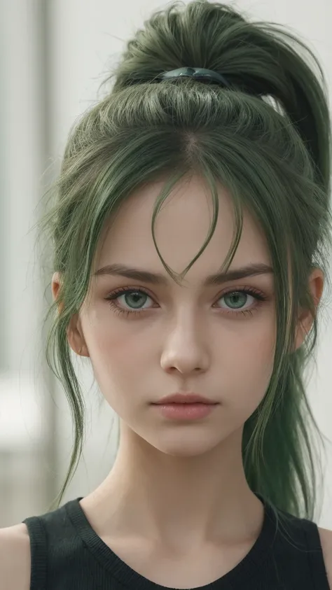 girl, european, extremely detailed face, half-closed eyes, green eyes, messy long hair, ponytail, green hair, blank gaze