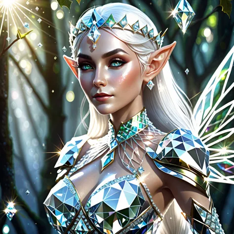 A transparent-looking elf whose entire body is made of diamonds. White hair. Shining. A photo from the land of diamonds. The queen of diamonds.High Resolution, Best Quality, Detail, High Details, Super Detailed, Textured Skin, Digital Art, Lens Flare, Moti...