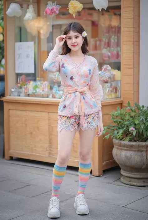 
A bubbly Asian teenage girl inspired by Harajuku street fashion, wearing a pastel oversized sweater with cute cartoon prints, rainbow-striped knee-high socks, platform sneakers, accessorized with fluffy hair clips and a mini backpack, standing in front of...