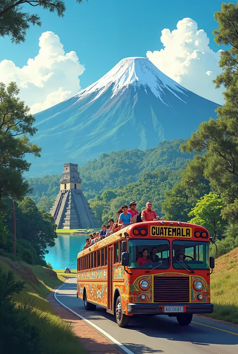  An image of tourism in Guatemala with a bus on the road,volcanoes in the background , A lake,  ruins of Tikal and Antigua Guatemala 