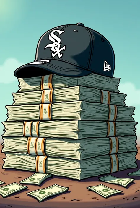 Chicago white sox cap from the New Era brand on a few bales of 100 dollar bills, all in cartoon