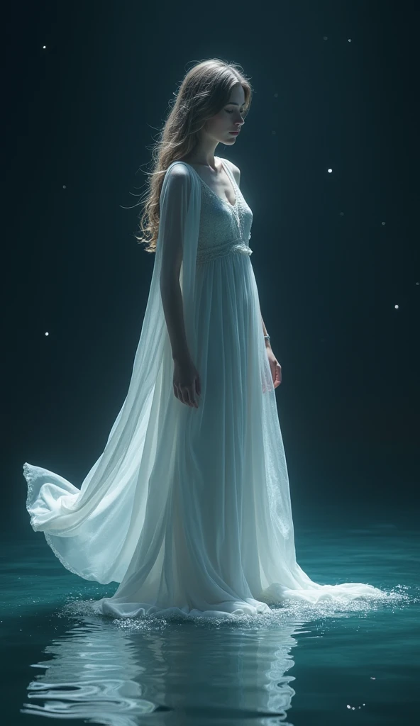 Girl standing on shallow water, dark moonless sky background, dress hems floating gently on the surface of the water,gemshadow, celestial maiden robe, masterpiece, award-winning, professional, highly detailed, beautiful girl, goddess, 