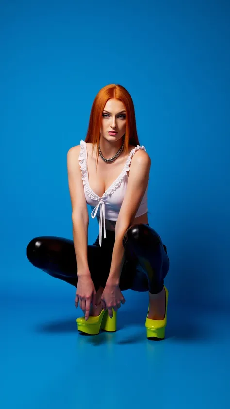 A bold fashion portrait captures a confident woman in a dramatic squat pose on an electric blue studio floor, illuminated by precise spotlight. Her pin-straight red hair falls with sharp geometric precision, framing an intensely seductive face decorated wi...