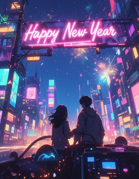 "Happy New Year" will be displayed on the screen as a header. 
fireworks of celebration, celebratory colorful petals falling from the sky, 
Neon lights shine in the night city. 
I drive with you. Musical notes play from the car stereo. 
I run through the n...