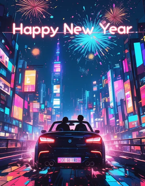 "Happy New Year" will be displayed on the screen as a header. 
fireworks of celebration, celebratory colorful petals falling from the sky, 
Neon lights shine in the night city. 
I drive with you. Musical notes play from the car stereo. 
I run through the n...