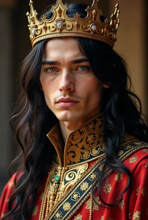 Handsome young emperor with soft features. He has beautiful silver blue eyes. His hair is long and flowing, in a stunning black hair. He dresses impecably in medieval noble clothing fit for an emperor. He wears his crown with pride and rules with an iron f...