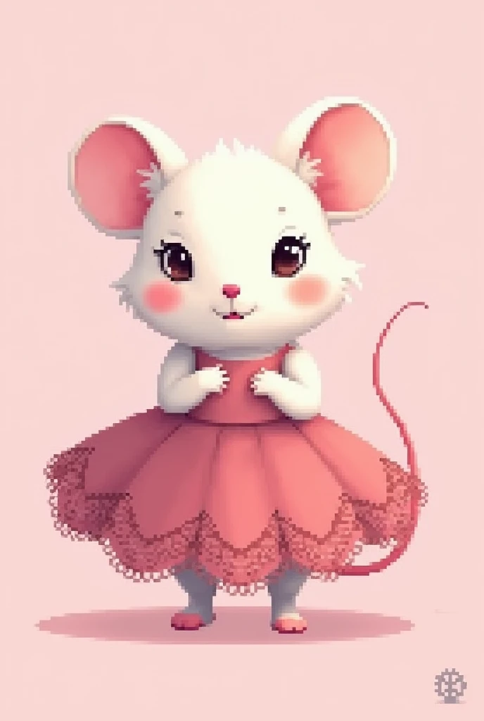 Create a white mouse icon with a dark pink skirt, Of lace, on a pink background, pixe