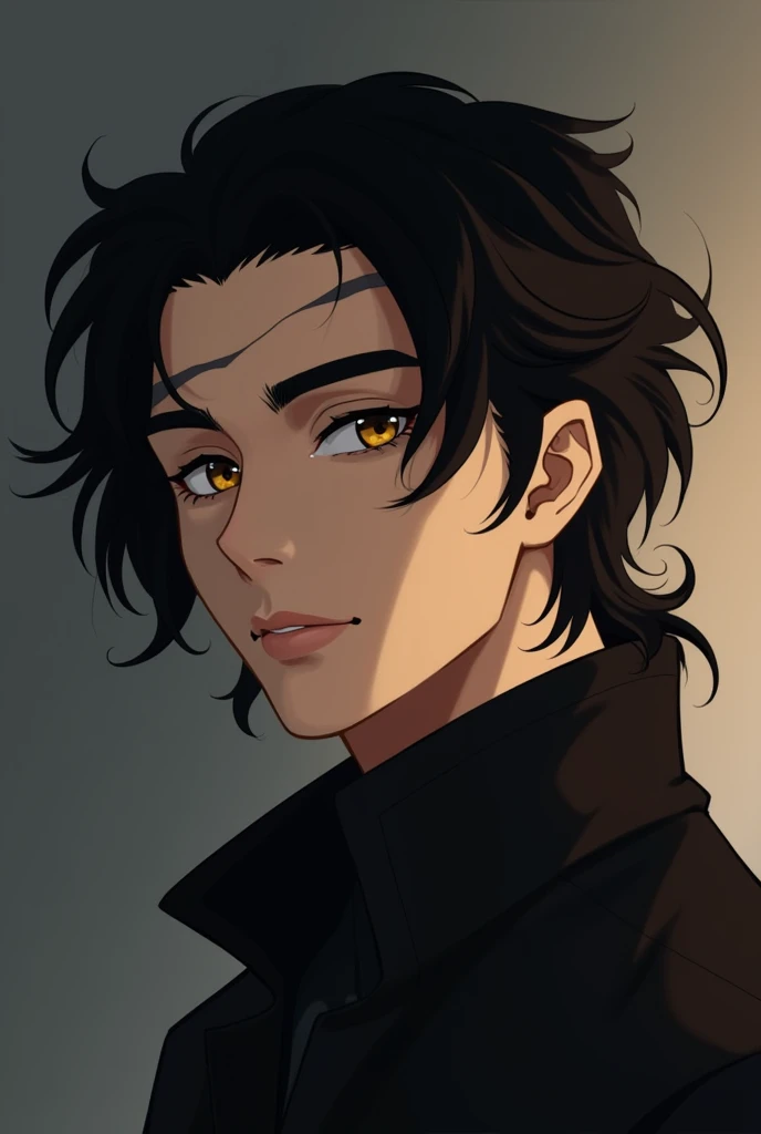 He has dark,medium length, jet-black hair that falls in soft layers, contrasting sharply with his glowing golden eyes His features are sharp yet approachable, with a faint scar across his right eyebrow