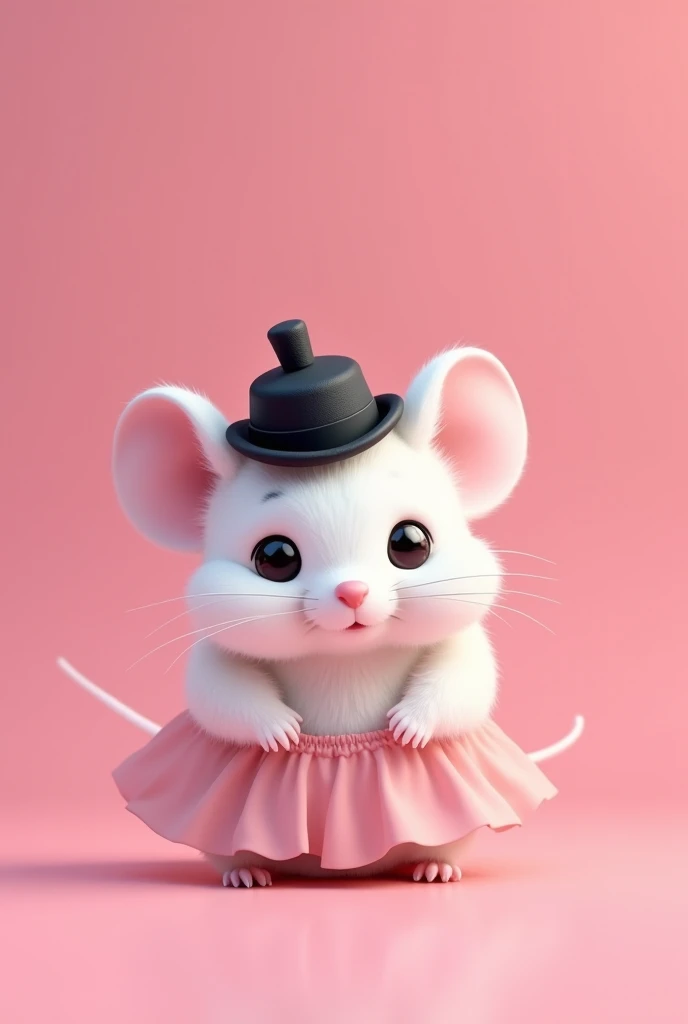 Create a white mouse, on a pink background, Wearing a black cap , with a skirt