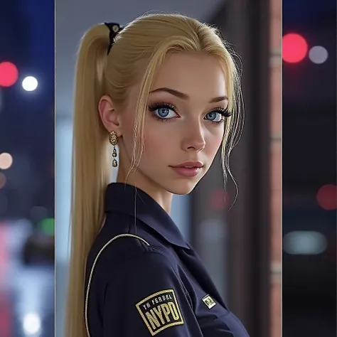 1 female、American Beauty、Super beautiful、 Facial Beauty 、 blue eyes、Standing、NYPD uniform 、mini skirt、 blonde hair、Night Street、backlight、The wind is blowing、it&#39;rain、 Hes staring intently at the barrel.、 firing upward in the thigh 、 Pointing Pistol 